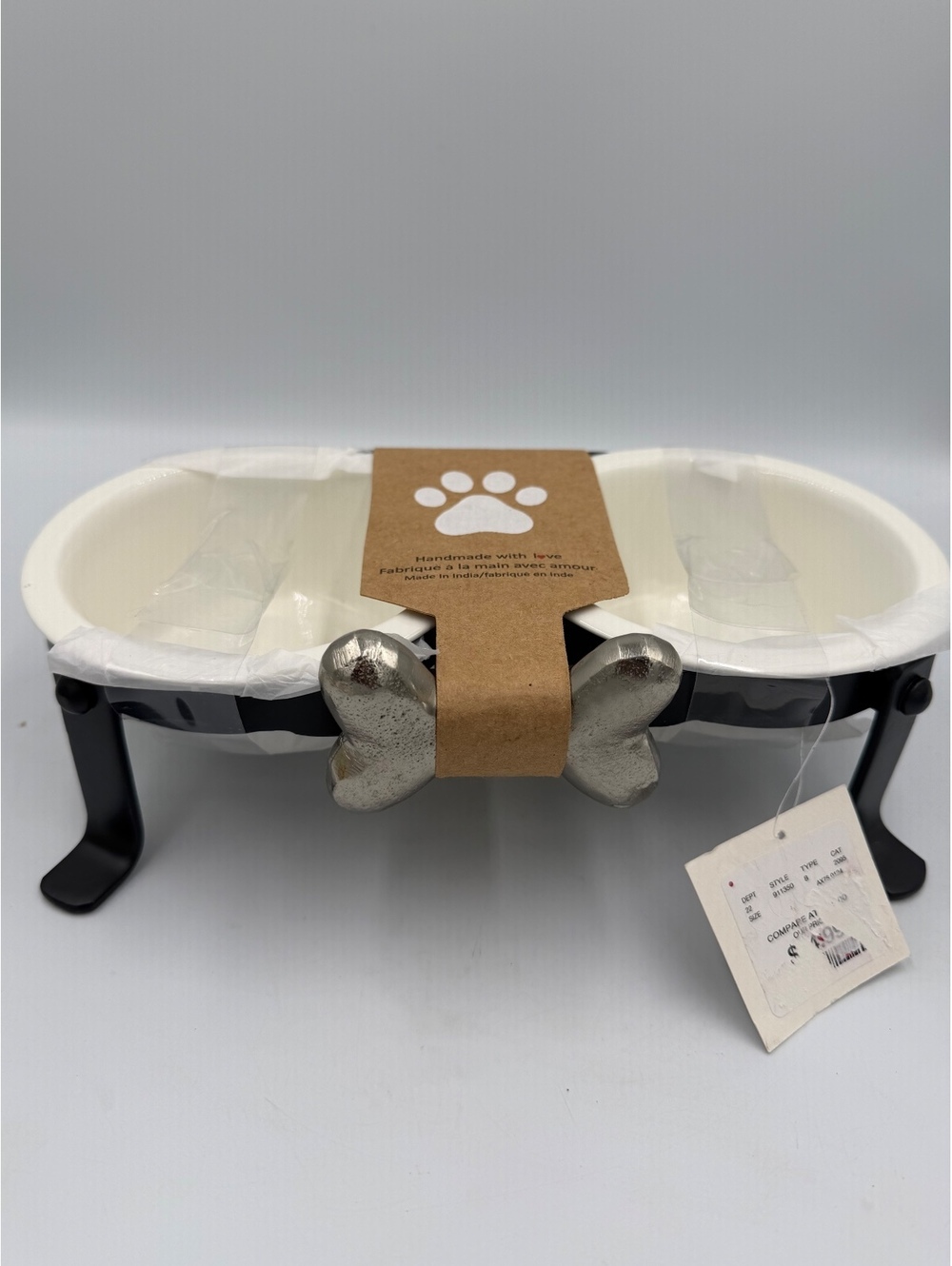 Hand made from India pair of pet bowls with metal base